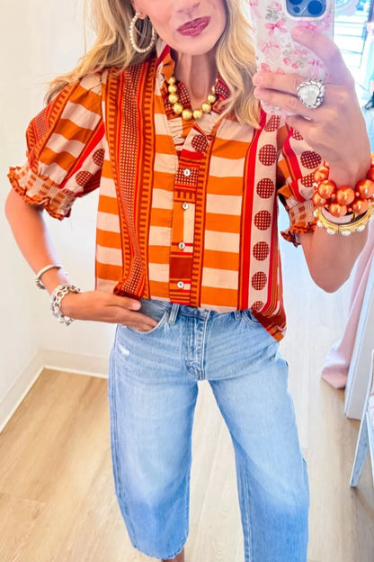 Cinnamon Multi Printed Puff Sleeve Top