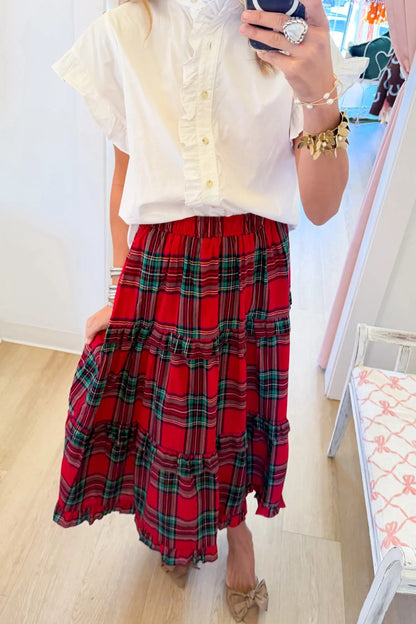 Red Multi Tartan Plaid Midi Skirt