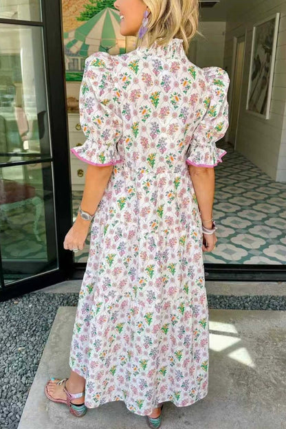 Vintage Floral V-Neck Puff Sleeve Midi Dress