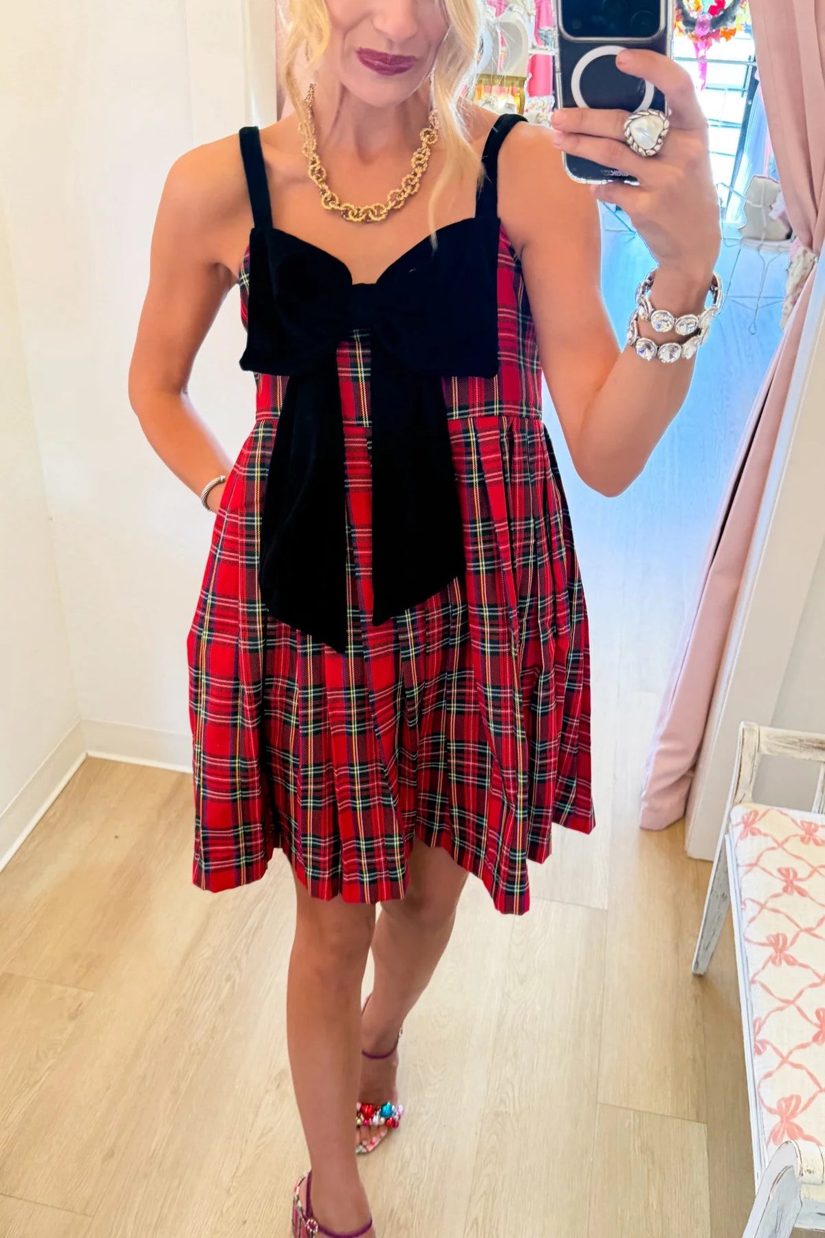 Red Plaid Velvet Bow Mini Dress