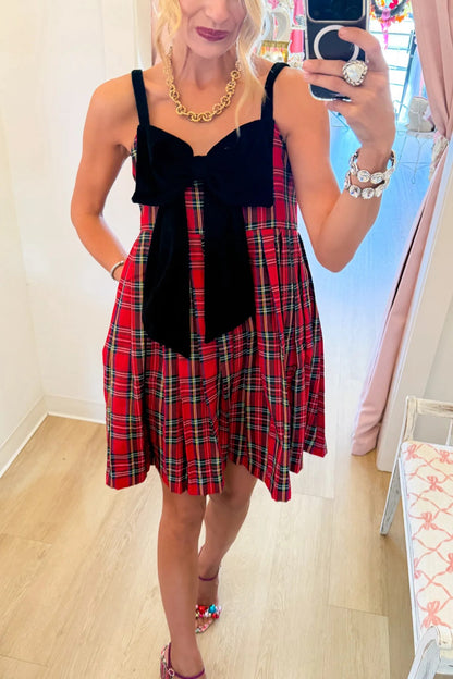 Red Plaid Velvet Bow Mini Dress