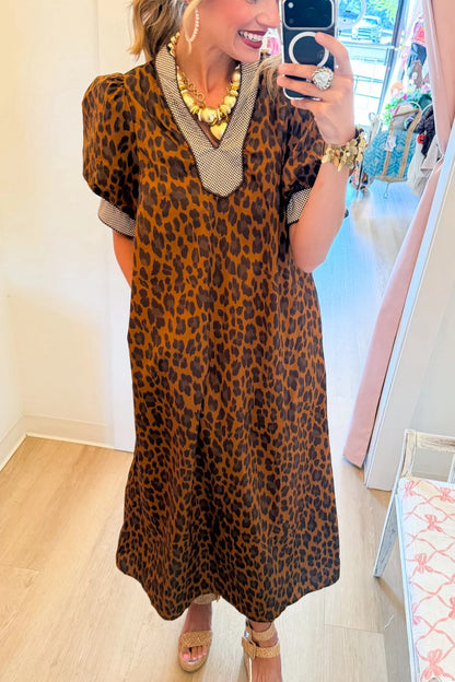 Brown Leopard Puff Sleeve Midi Dress