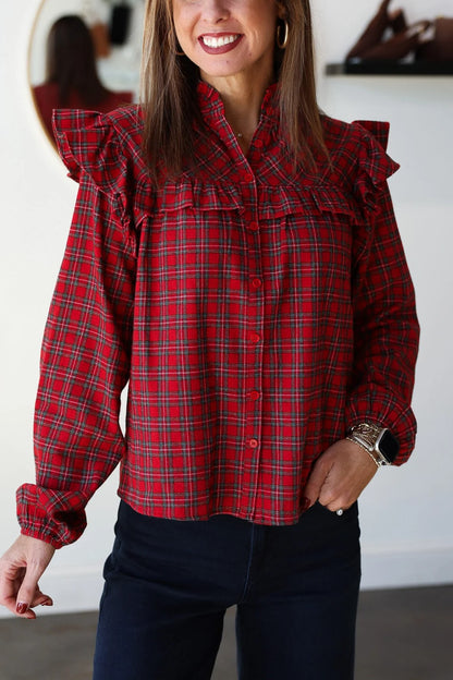 Plaid Ruffle Blouse - Red