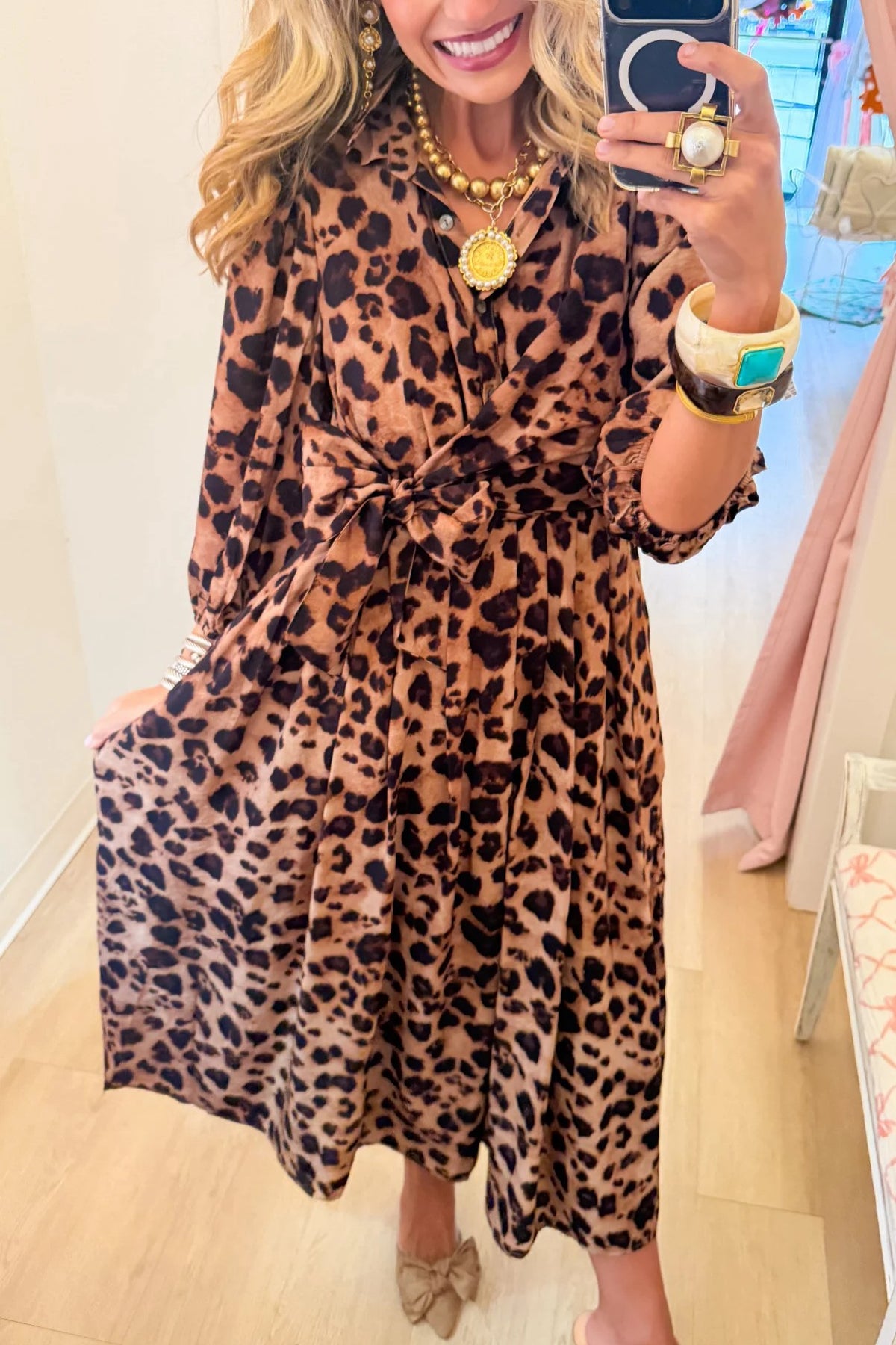Leopard Print Balloon Sleeve Midi Dress