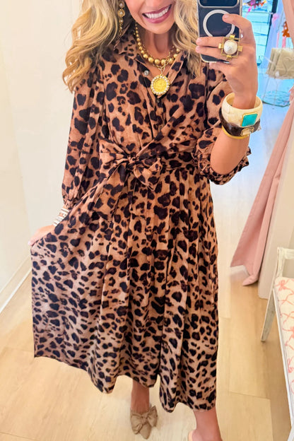 Leopard Print Balloon Sleeve Midi Dress