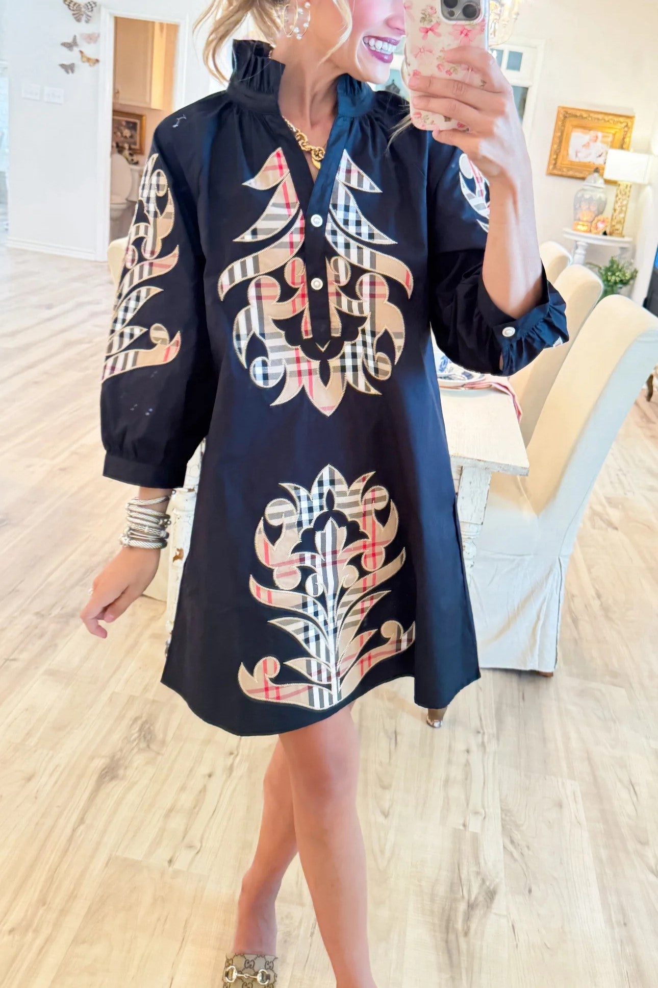 Black and Taupe Accent Embroidered Mini Dress