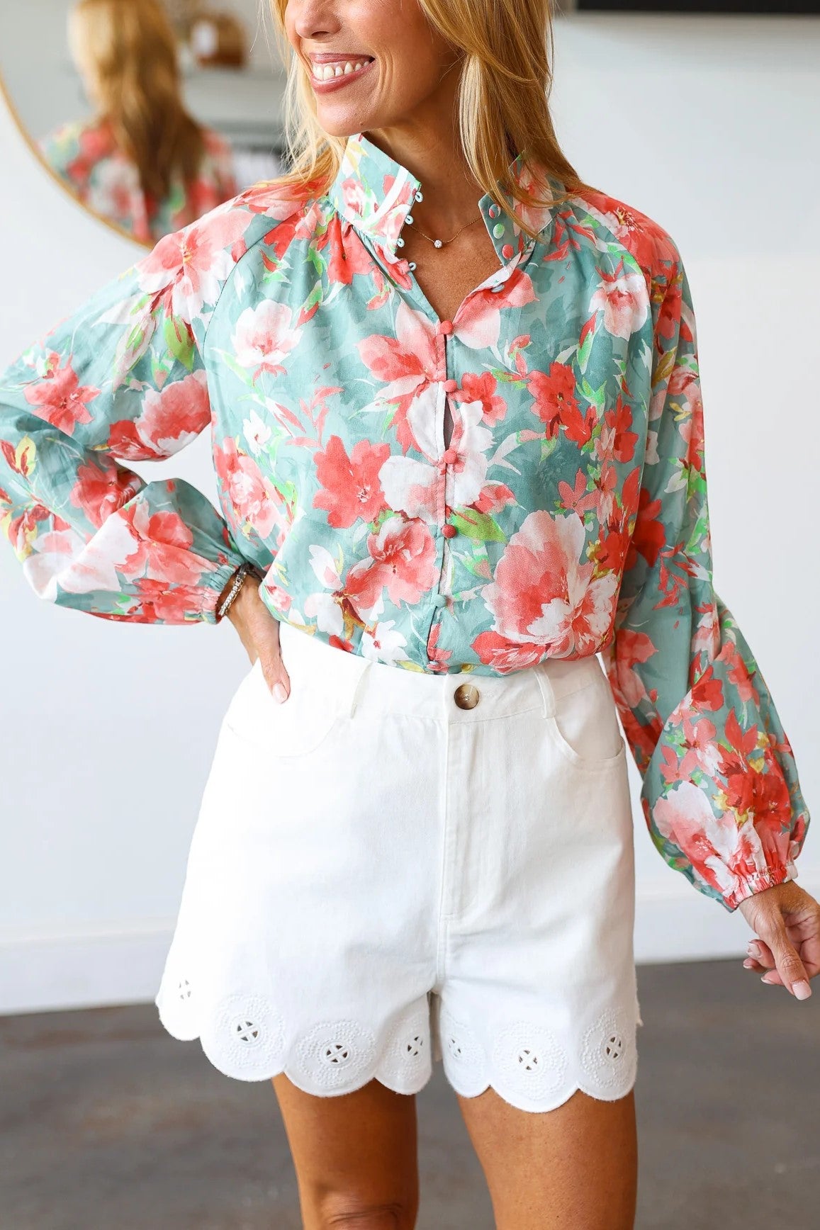 Button Front Floral Top - Seafoam