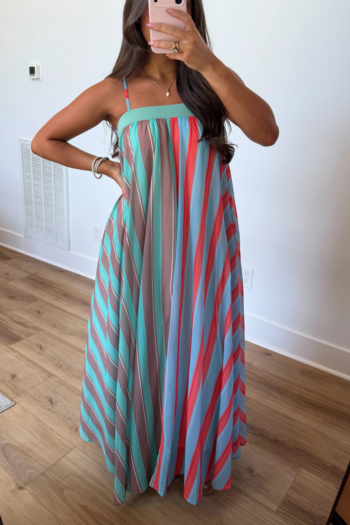 Playful Personality Color Block Stripe Maxi Dress in Seaglass