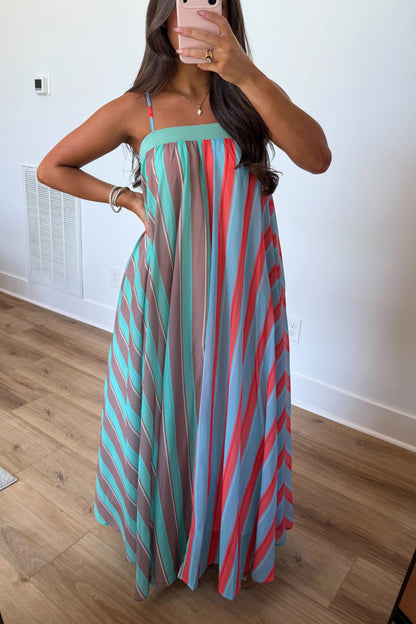 Playful Personality Color Block Stripe Maxi Dress in Seaglass