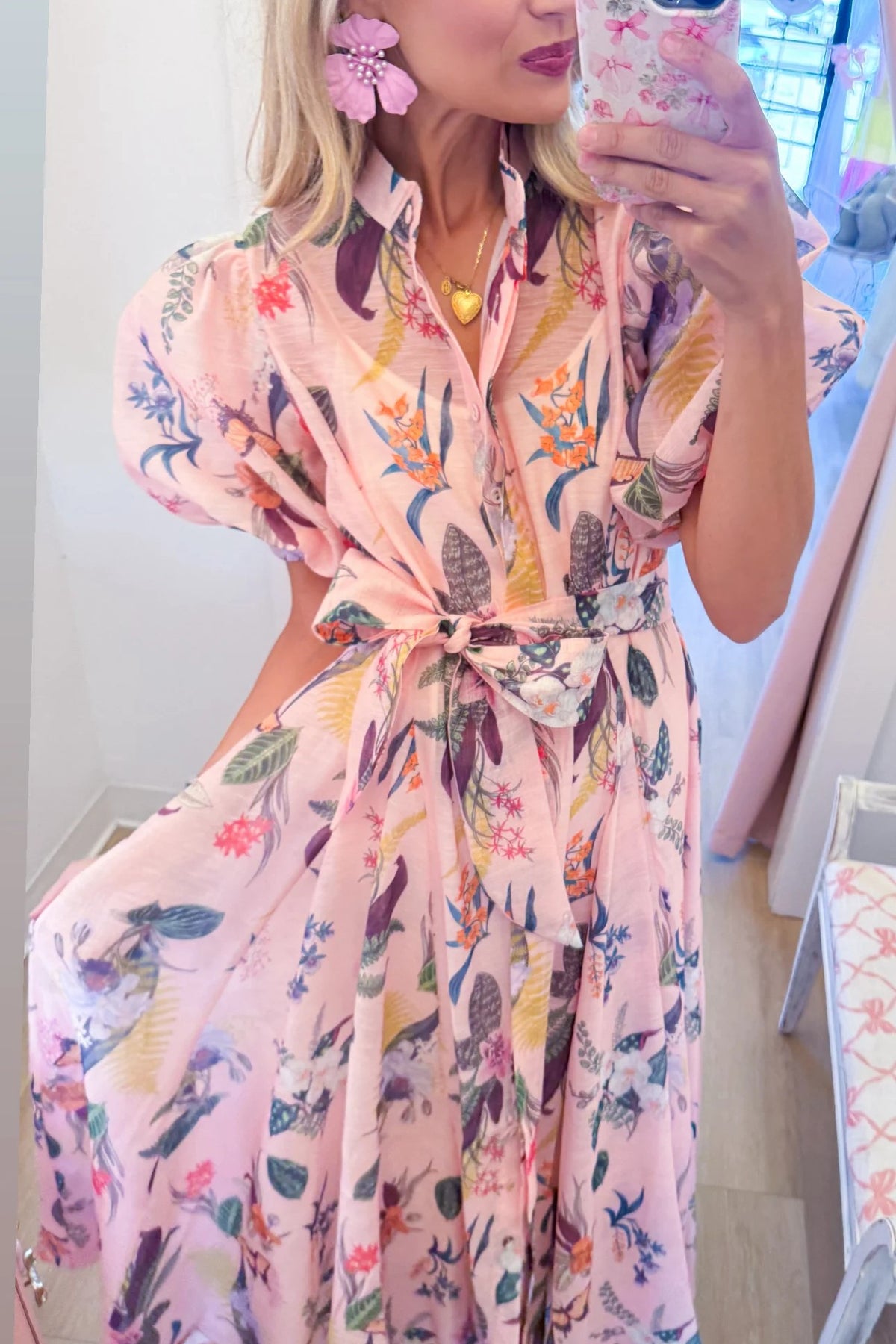 Pink Botanical Midi Shirtdress