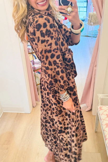 Leopard Print Balloon Sleeve Midi Dress