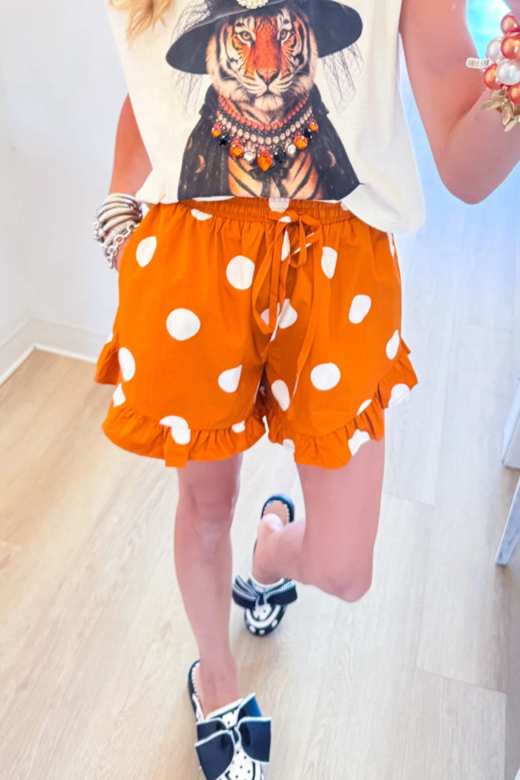Orange Polka Dot Ruffle Hem Shorts
