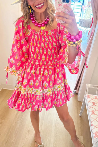 Fuchsia Multi Floral Shirred Dress