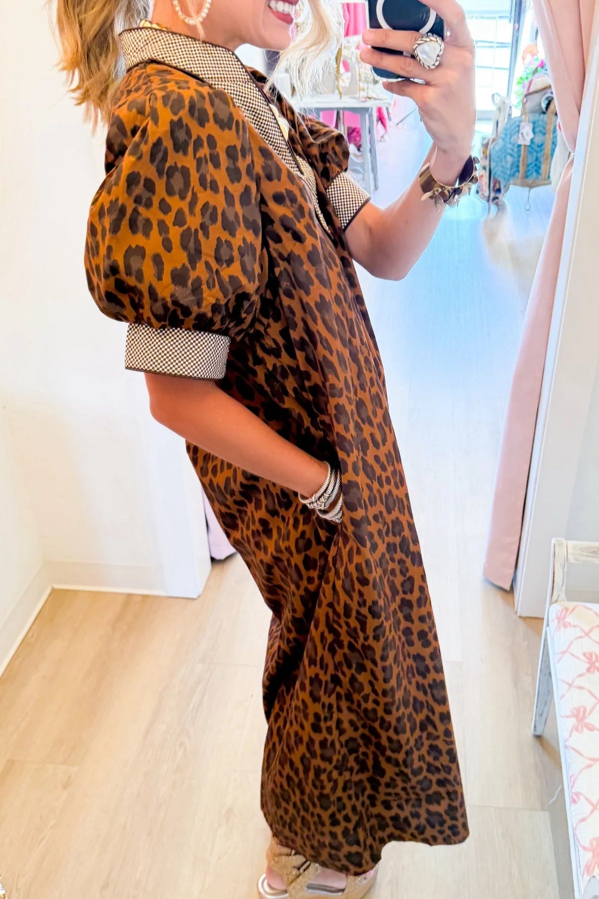 Brown Leopard Puff Sleeve Midi Dress