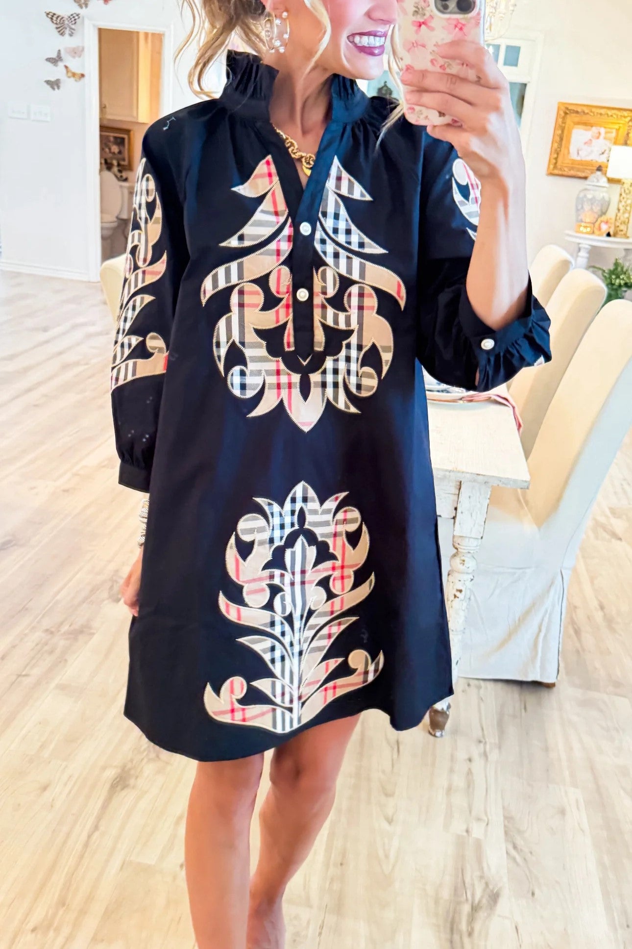 Black and Taupe Accent Embroidered Mini Dress