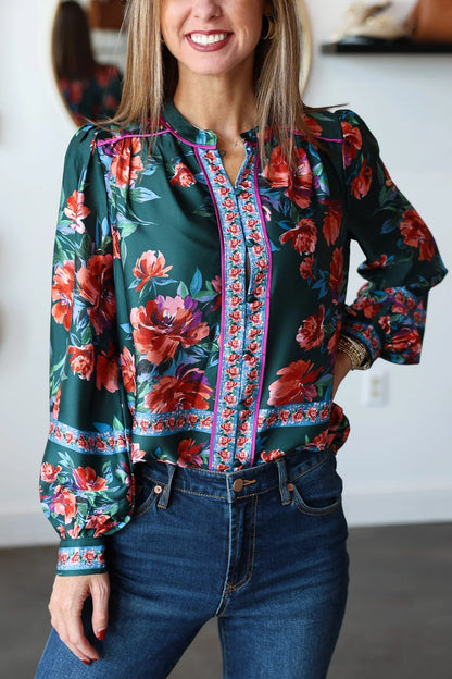 Button Front Printed Top - Deep Green