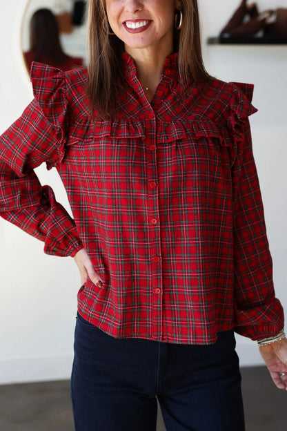 Plaid Ruffle Blouse - Red
