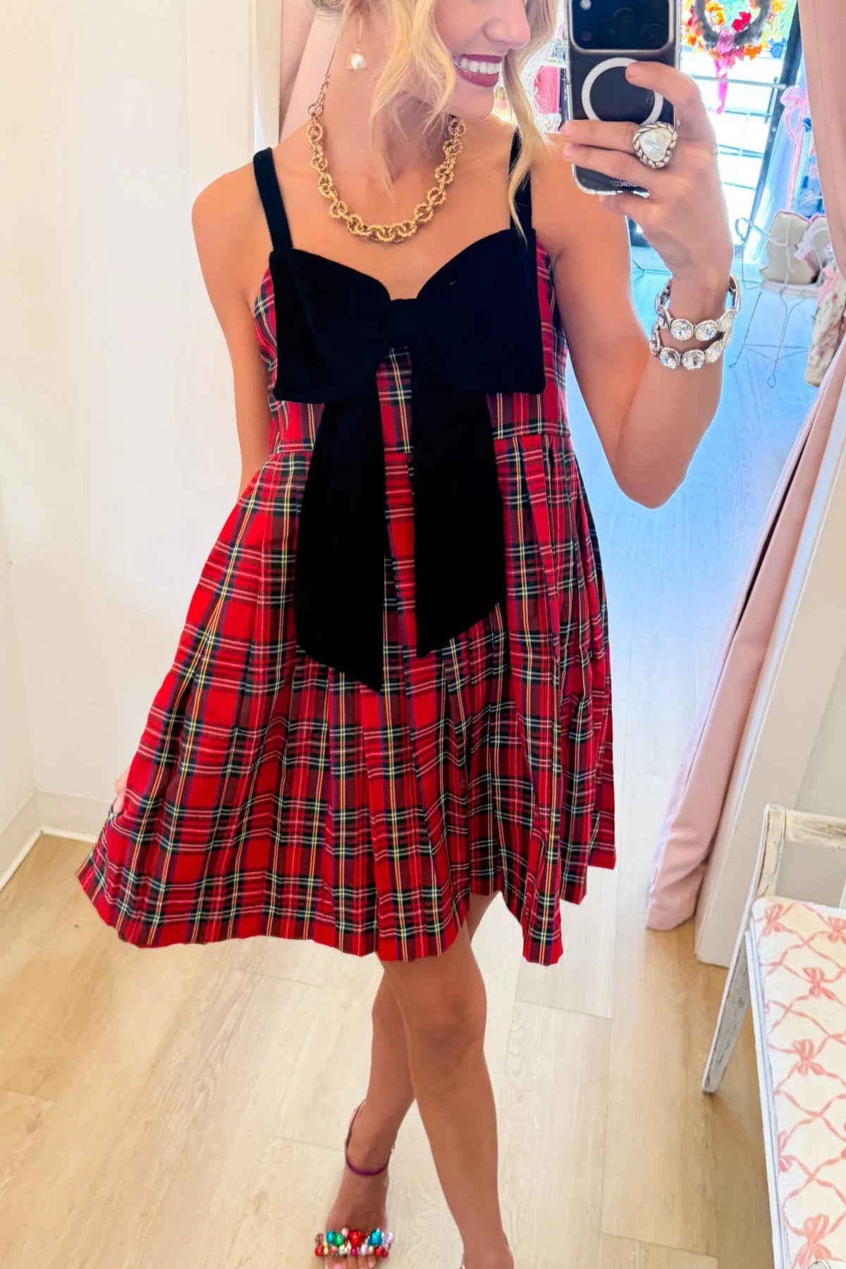 Red Plaid Velvet Bow Mini Dress