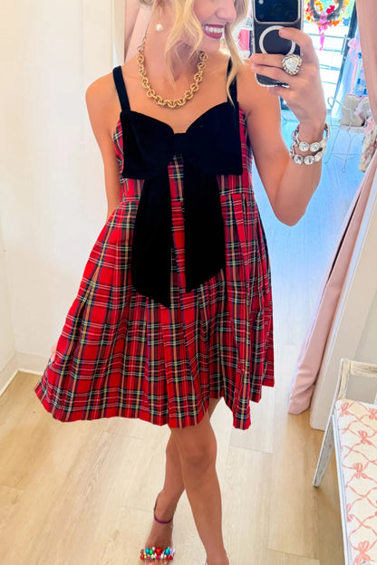 Red Plaid Velvet Bow Mini Dress