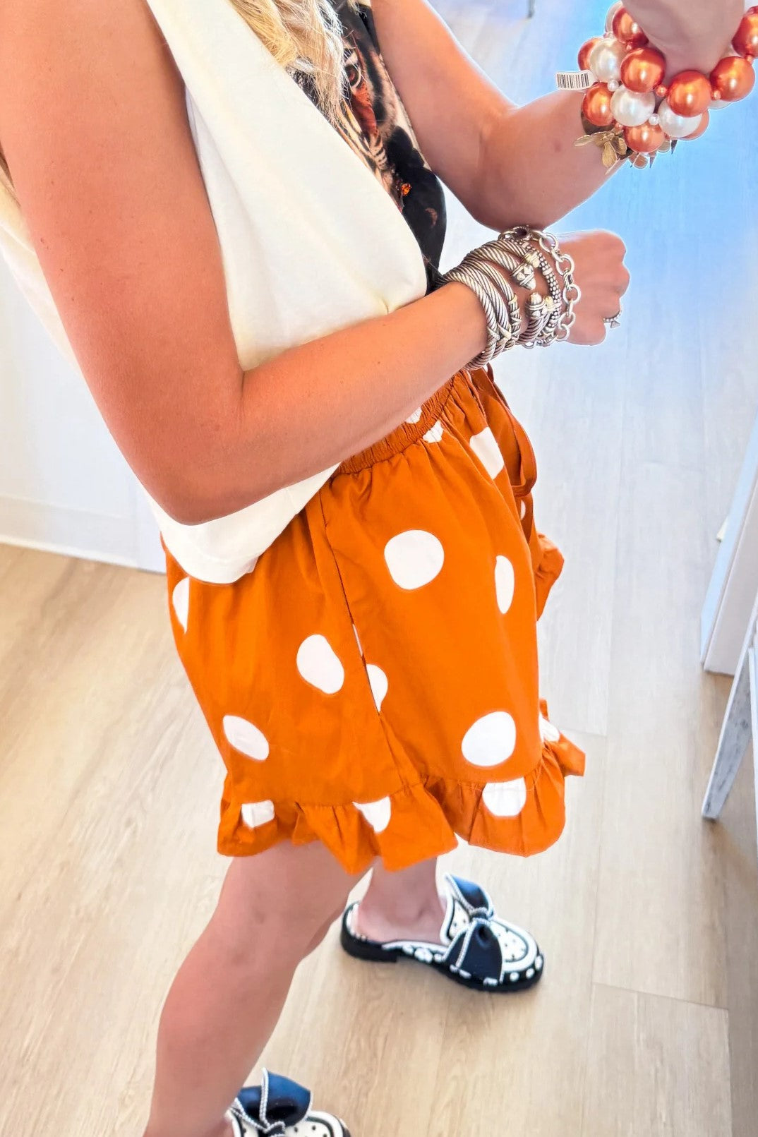 Orange Polka Dot Ruffle Hem Shorts