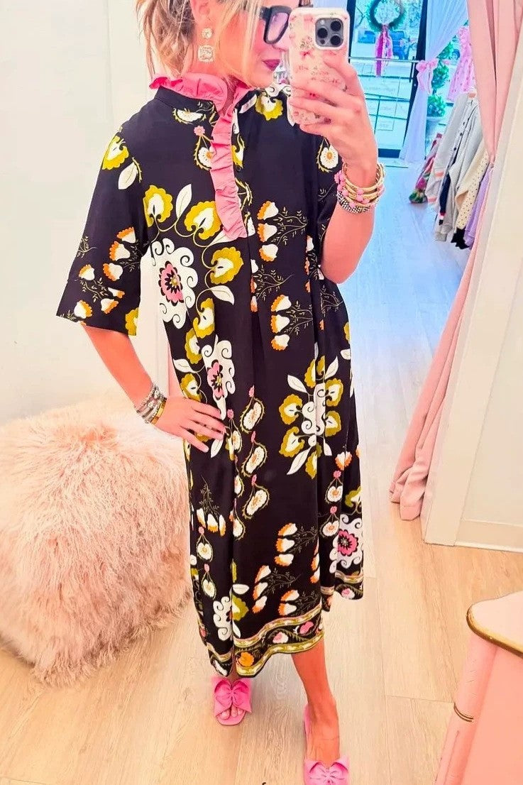 Ruffled High Neck Boho Floral Midi Dress