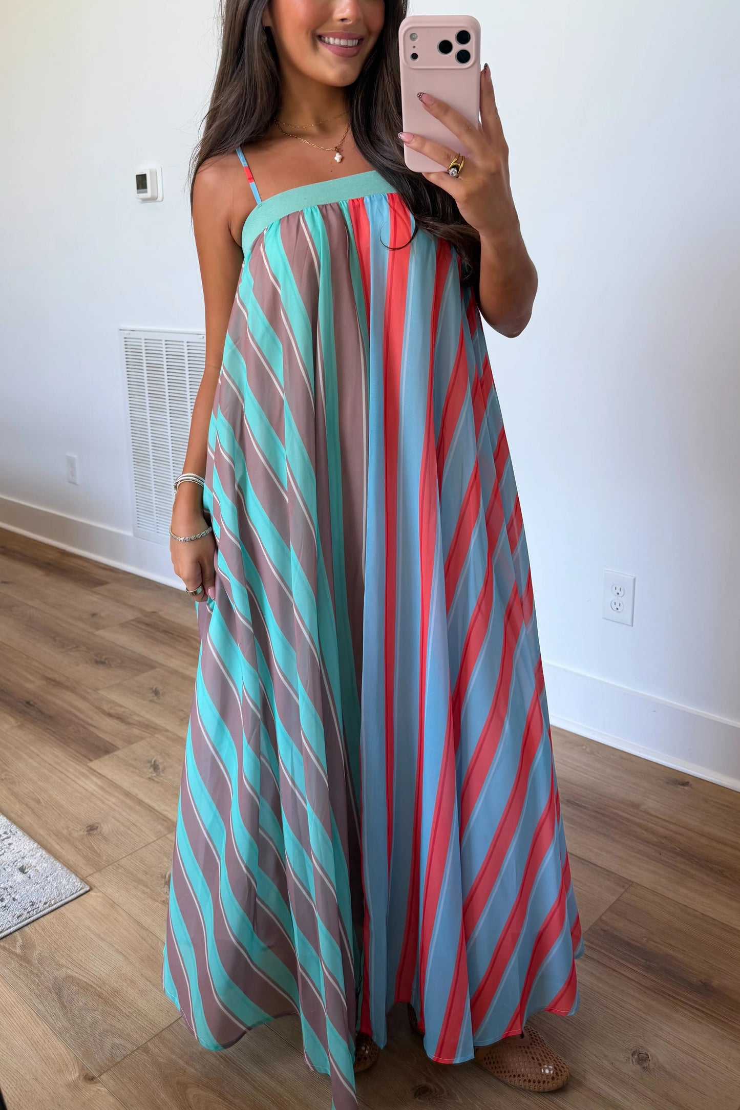 Playful Personality Color Block Stripe Maxi Dress in Seaglass