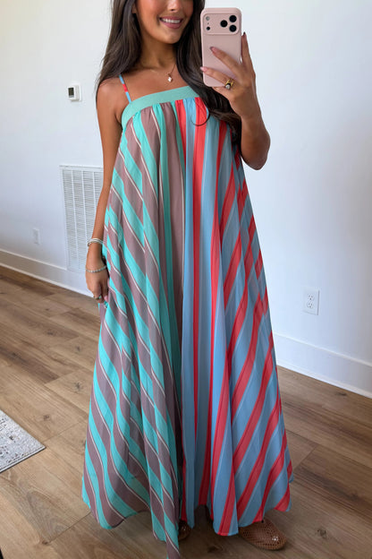 Playful Personality Color Block Stripe Maxi Dress in Seaglass