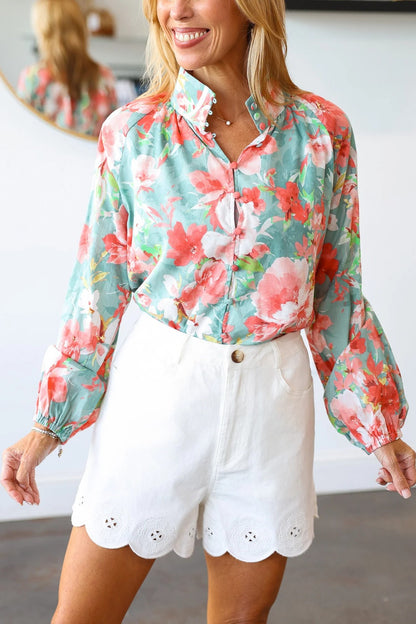Button Front Floral Top - Seafoam