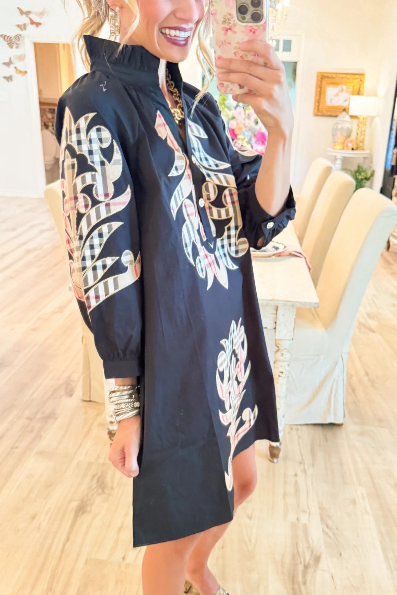 Black and Taupe Accent Embroidered Mini Dress