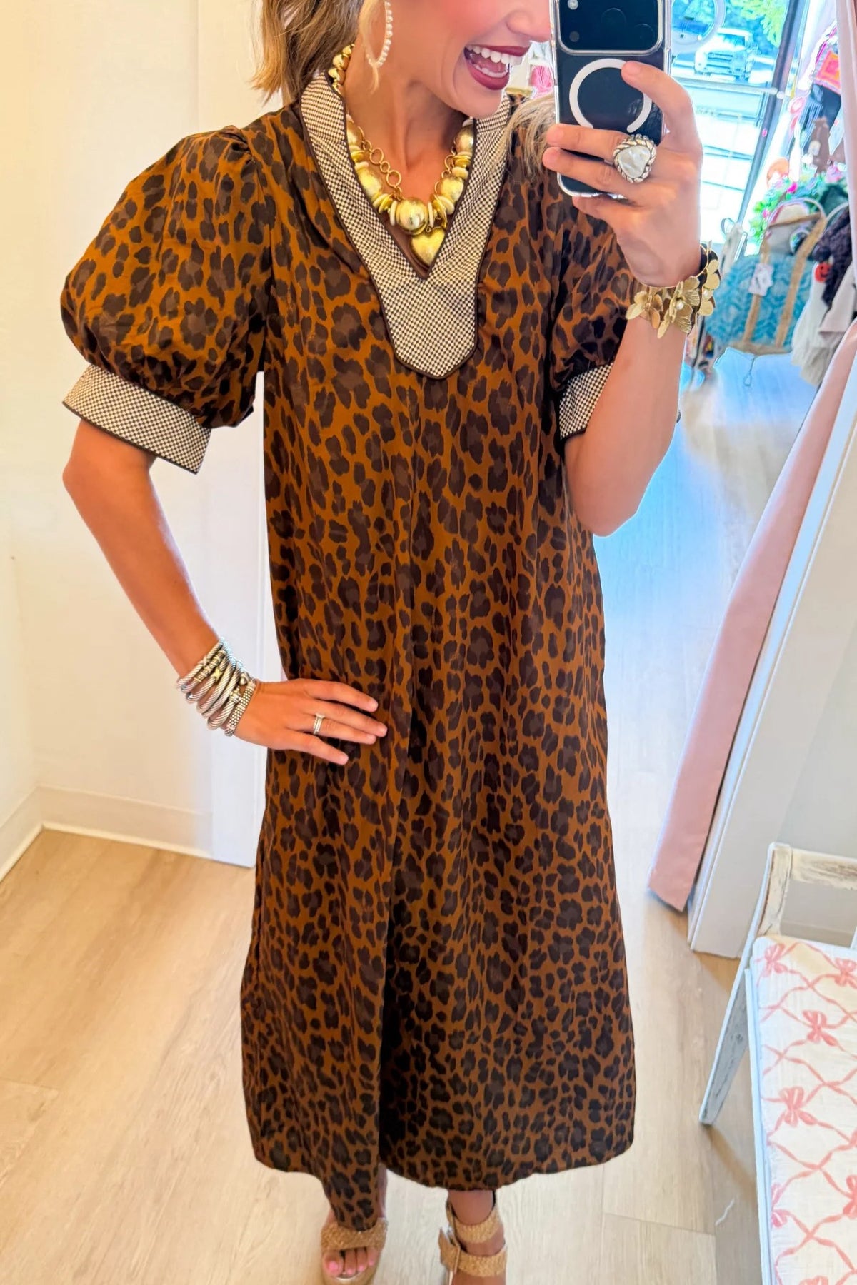 Brown Leopard Puff Sleeve Midi Dress