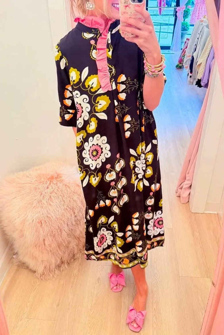 Ruffled High Neck Boho Floral Midi Dress