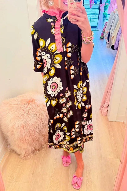 Ruffled High Neck Boho Floral Midi Dress