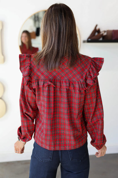 Plaid Ruffle Blouse - Red