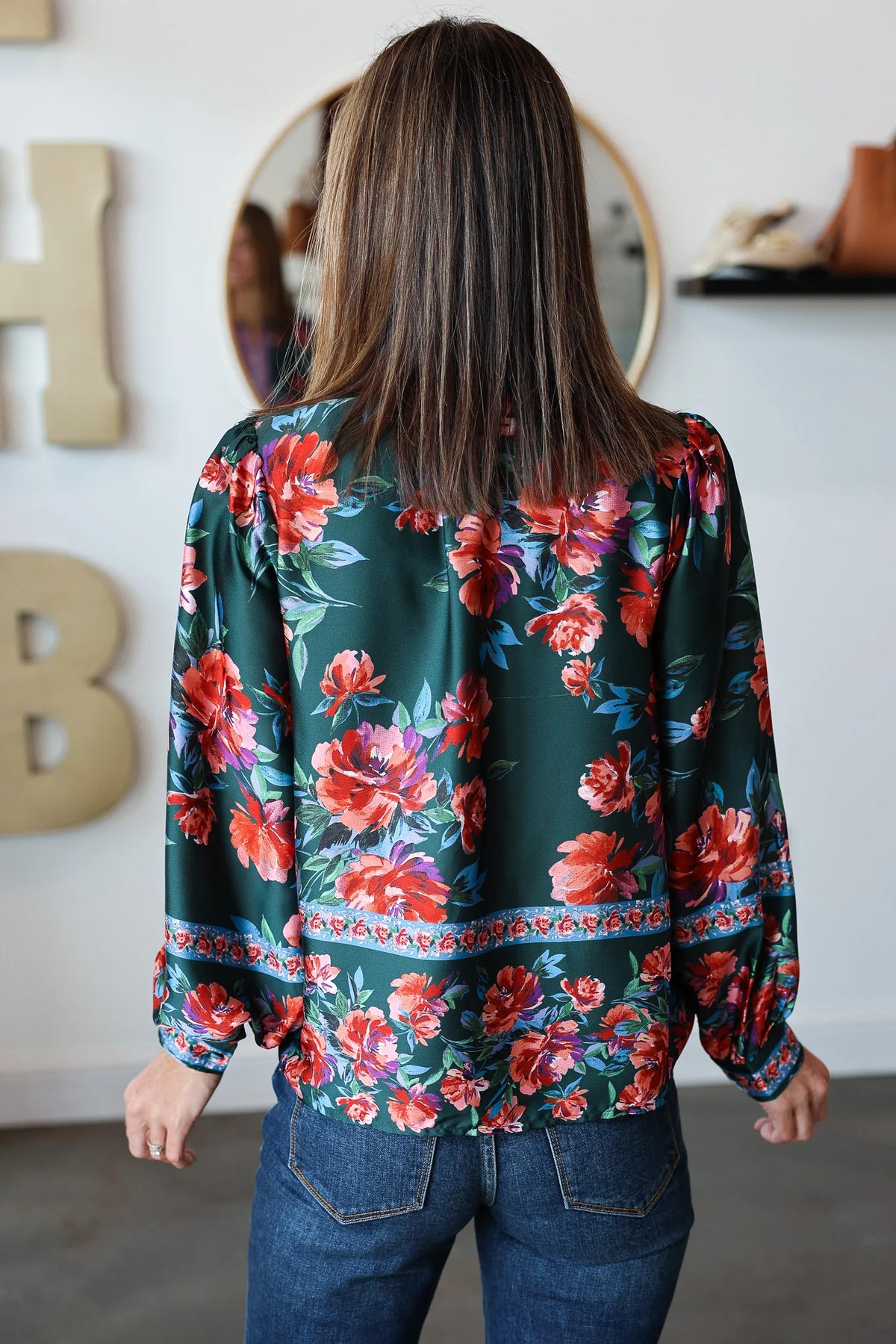 Button Front Printed Top - Deep Green