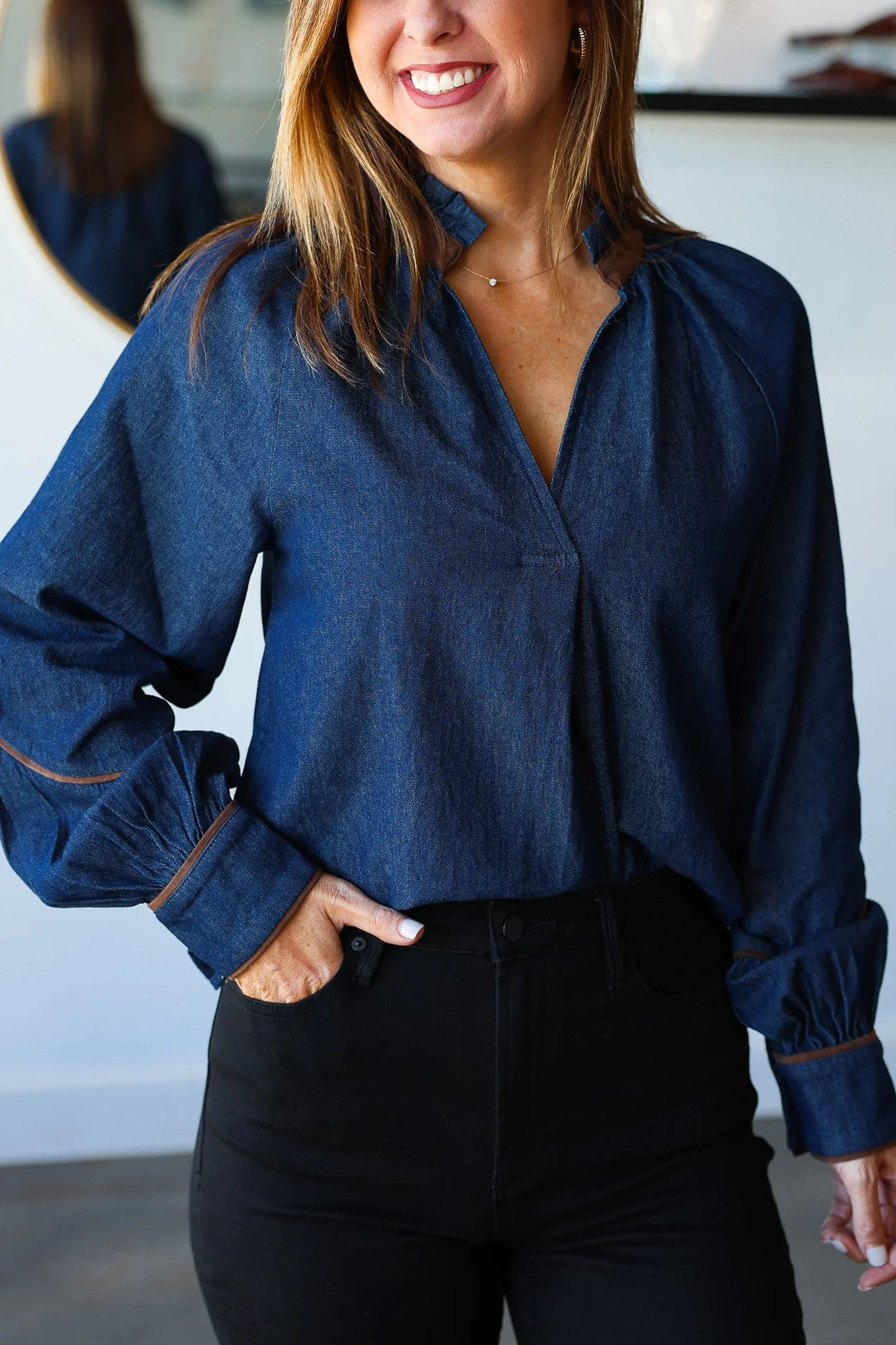 Suede Trim Denim Top