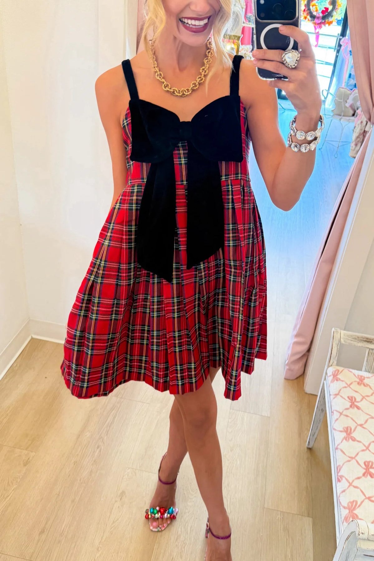 Red Plaid Velvet Bow Mini Dress