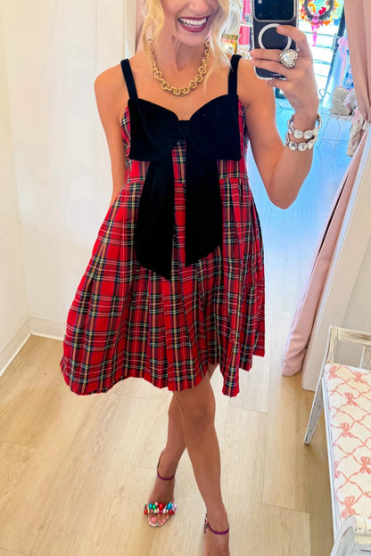 Red Plaid Velvet Bow Mini Dress