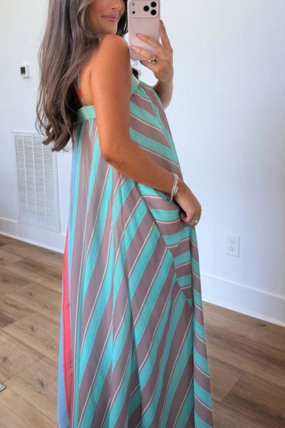 Playful Personality Color Block Stripe Maxi Dress in Seaglass