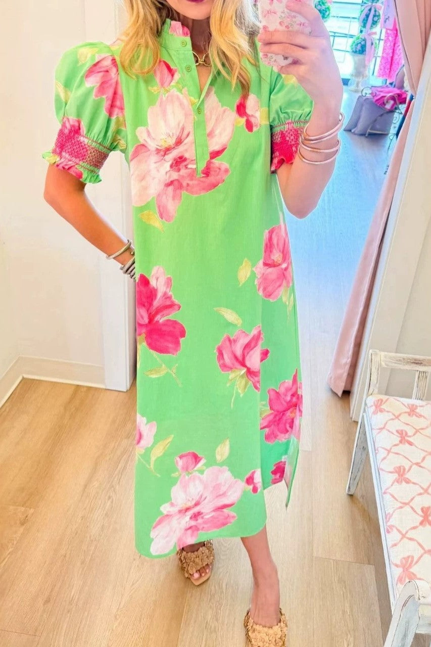 Blooming Puff Sleeve Ruffle-Neck Midi Dress