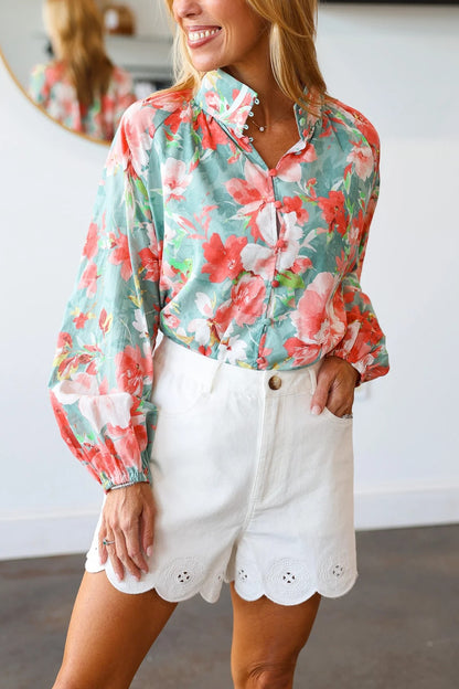 Button Front Floral Top - Seafoam