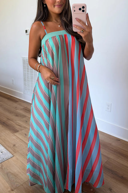 Playful Personality Color Block Stripe Maxi Dress in Seaglass