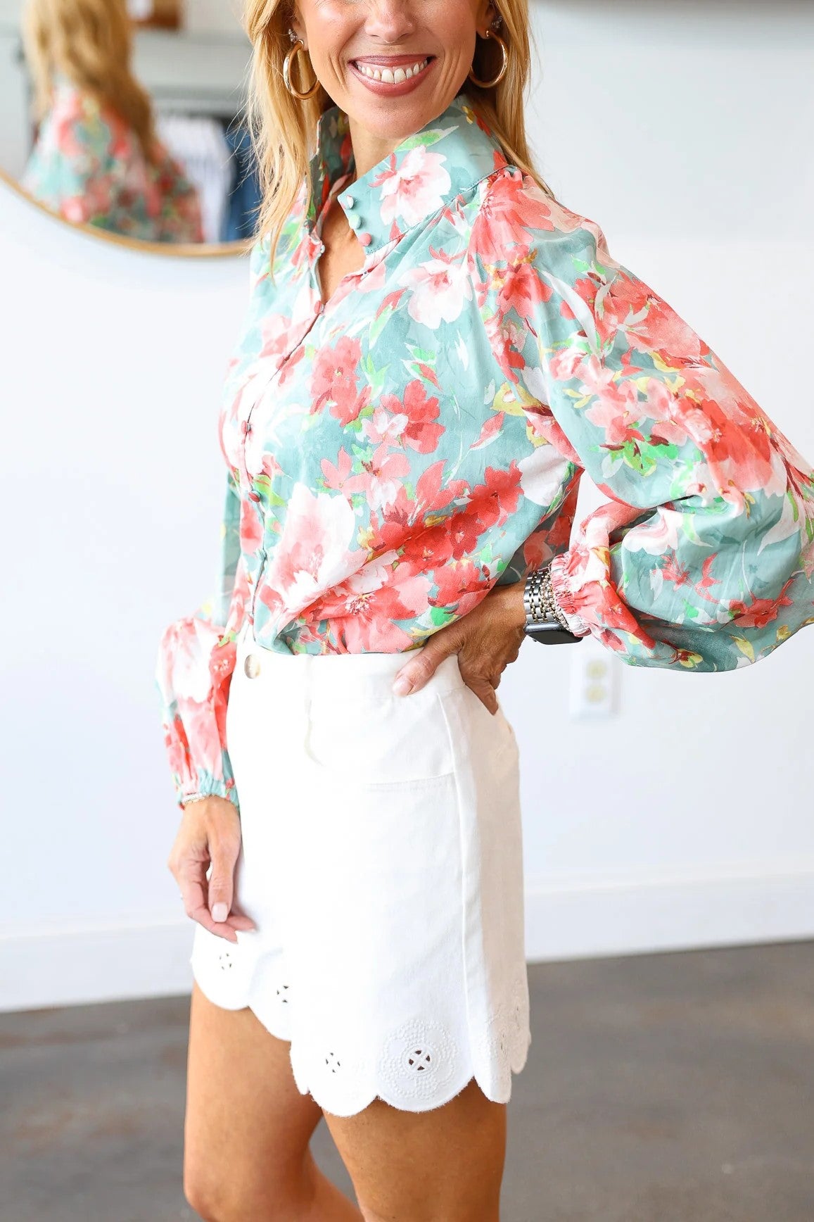 Button Front Floral Top - Seafoam