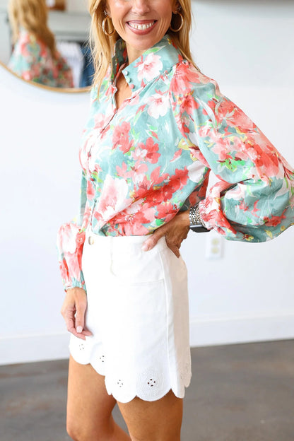 Button Front Floral Top - Seafoam