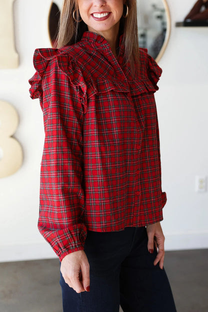 Plaid Ruffle Blouse - Red