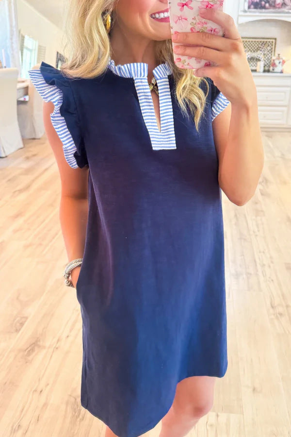 Women's Solid-Color V-Neck Striped Dress