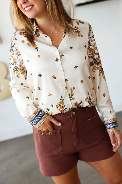 Printed Satin Button Down
