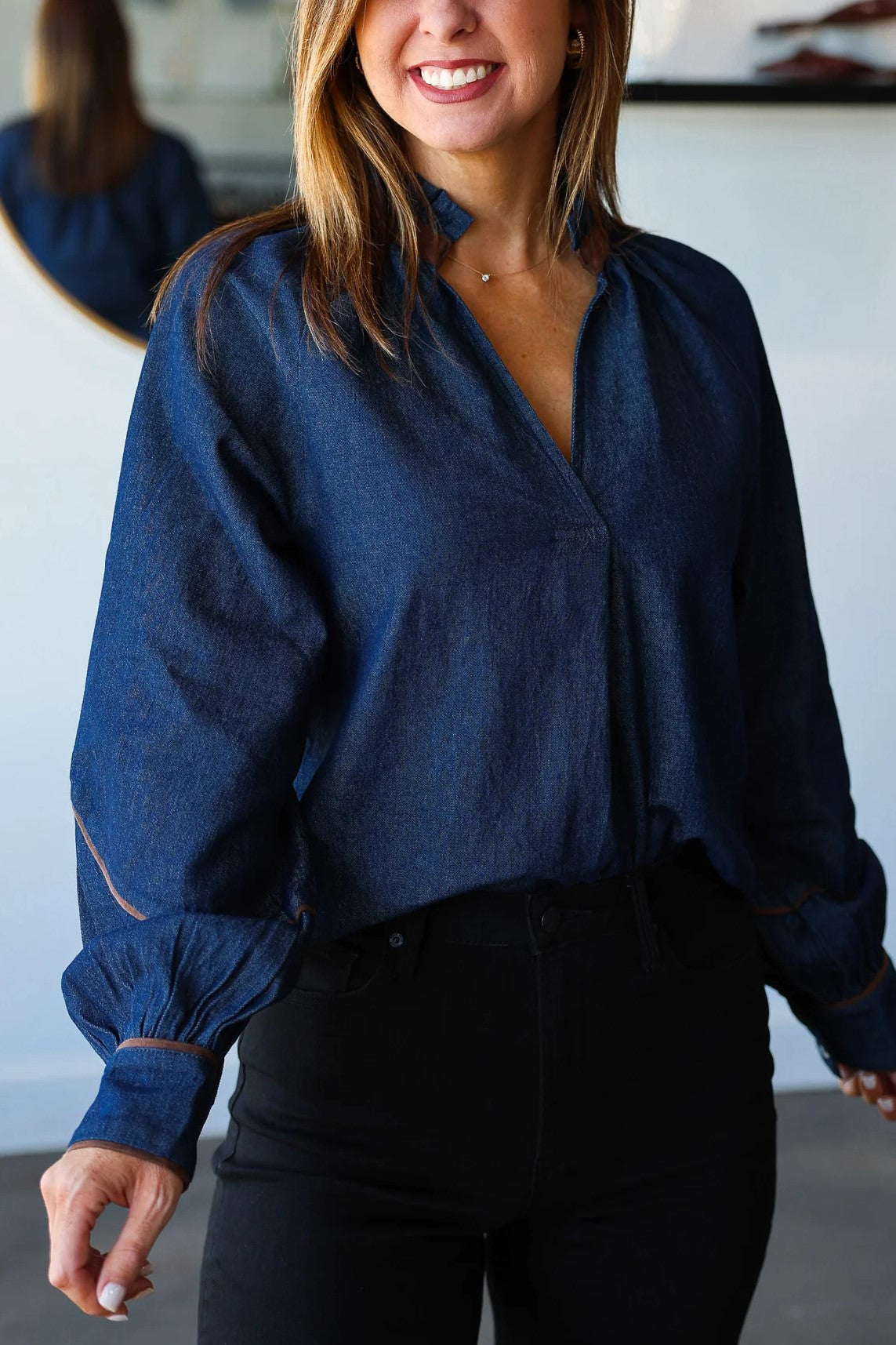 Suede Trim Denim Top
