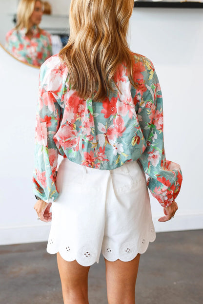 Button Front Floral Top - Seafoam