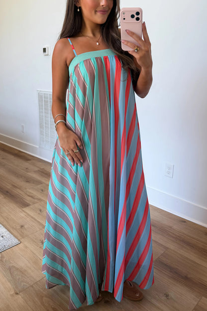 Playful Personality Color Block Stripe Maxi Dress in Seaglass