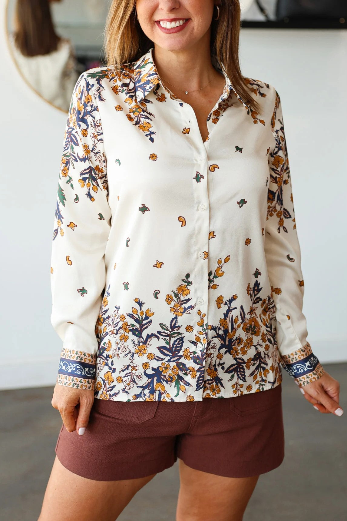 Printed Satin Button Down